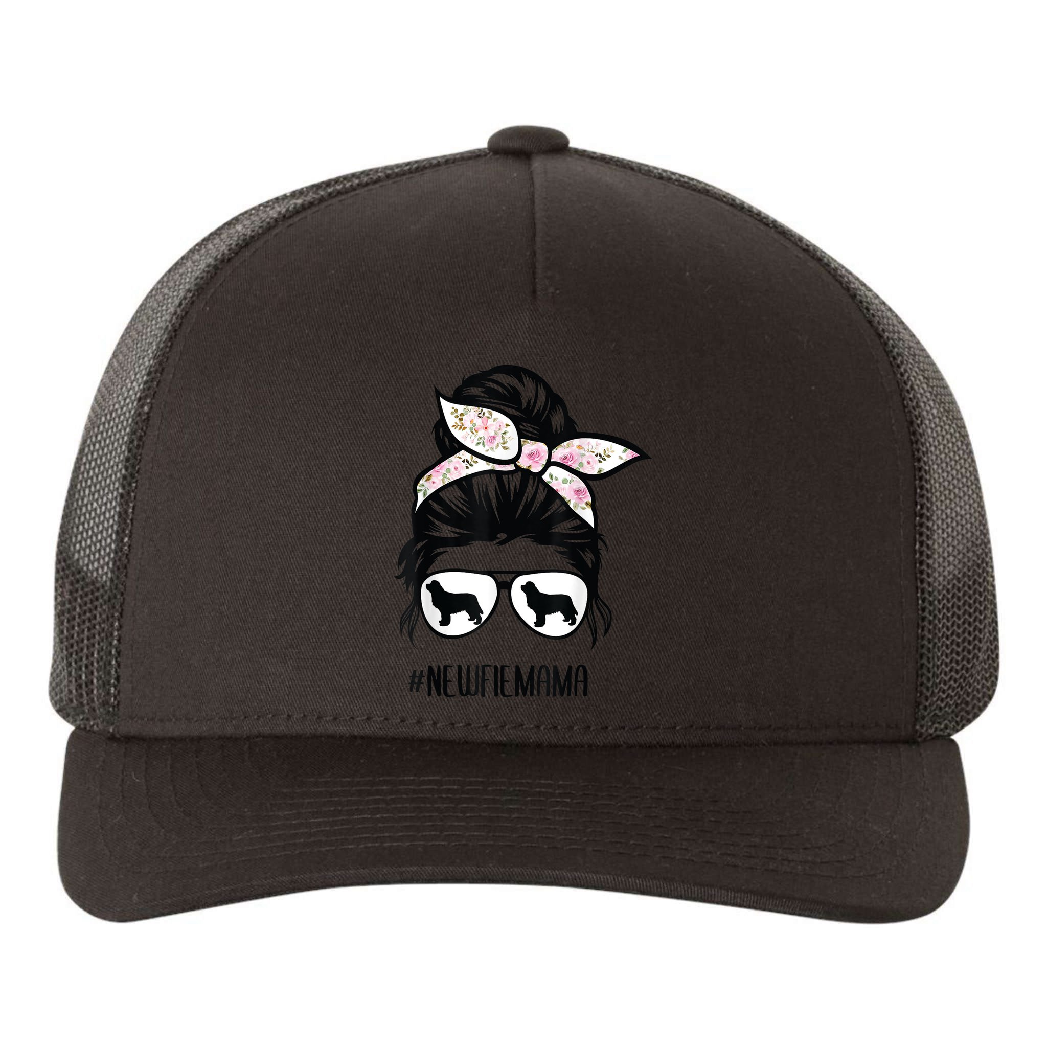 Newfie Mom Dog Messy Bun Hair Glasses Newfoundland Dog Mom Yupoong Adult 5-Panel Trucker Hat