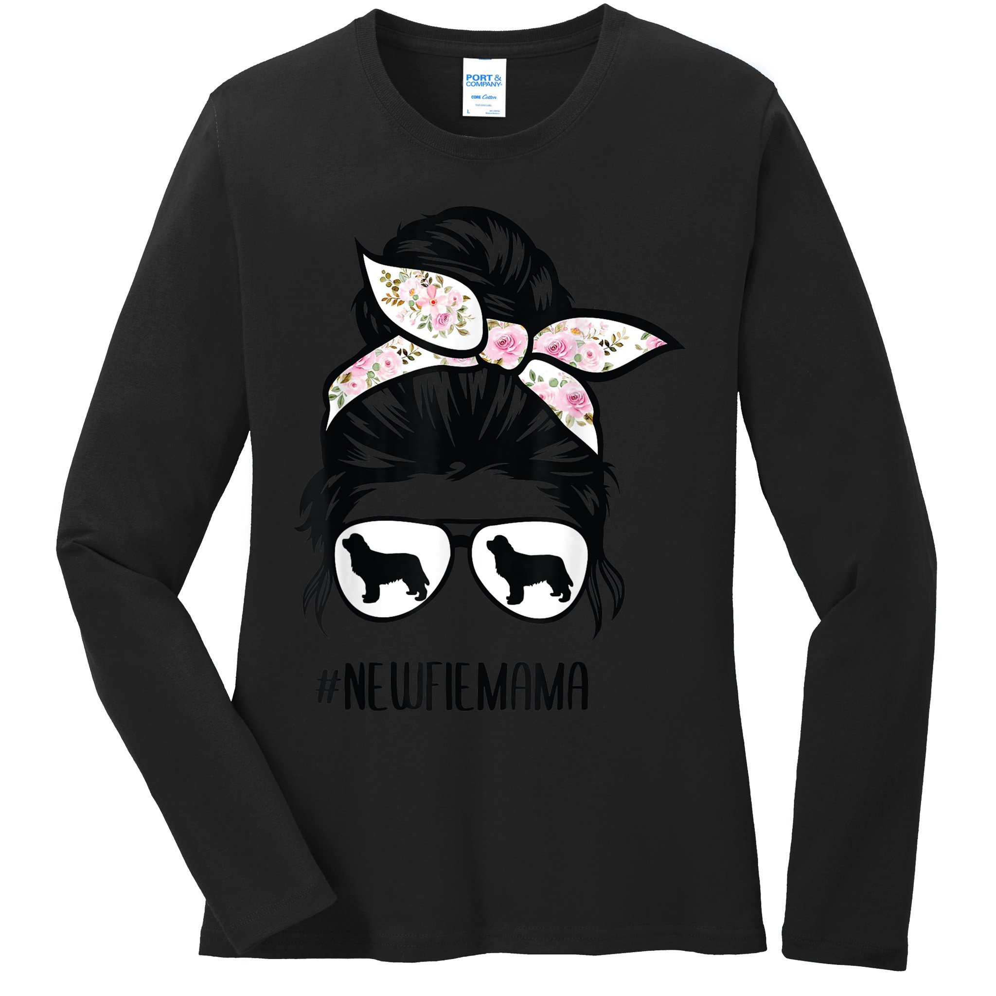 Newfie Mom Dog Messy Bun Hair Glasses Newfoundland Dog Mom Ladies Long Sleeve Shirt