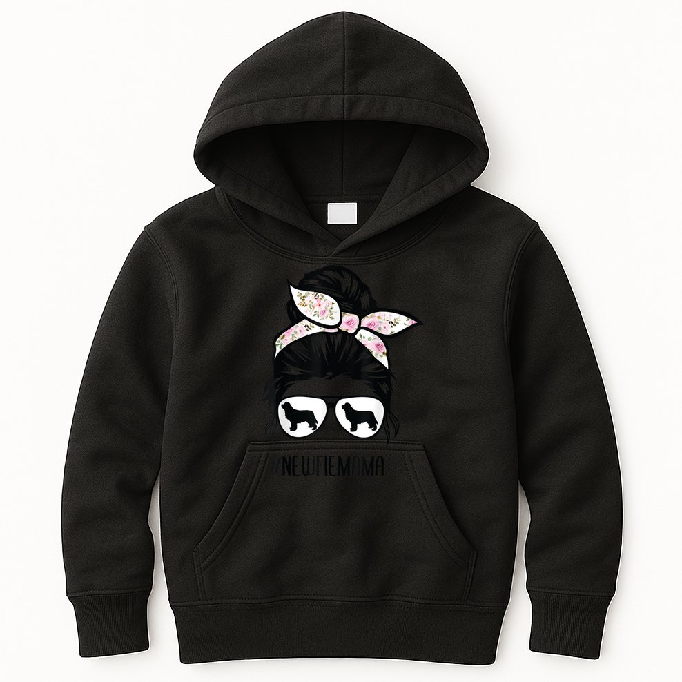 Newfie Mom Dog Messy Bun Hair Glasses Newfoundland Dog Mom Kids Hoodie
