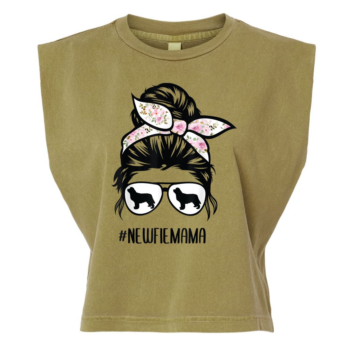 Newfie Mom Dog Messy Bun Hair Glasses Newfoundland Dog Mom Garment-Dyed Women's Muscle Tee