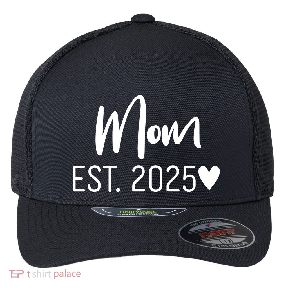 New Mom Est. 2025 Flexfit Unipanel Trucker Cap