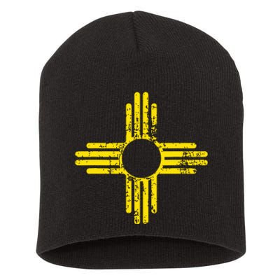 New Mexico Flag Distressed Yellow Zia Sun Alone Short Acrylic Beanie