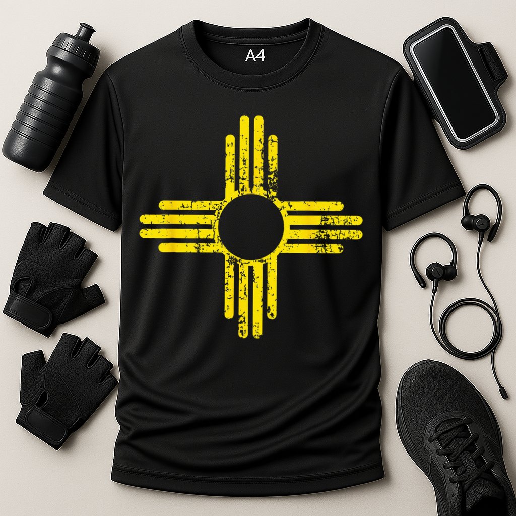 New Mexico Flag Distressed Yellow Zia Sun Alone Cooling Performance Crew T-Shirt