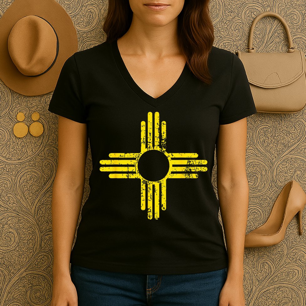 New Mexico Flag Distressed Yellow Zia Sun Alone Women's V-Neck T-Shirt