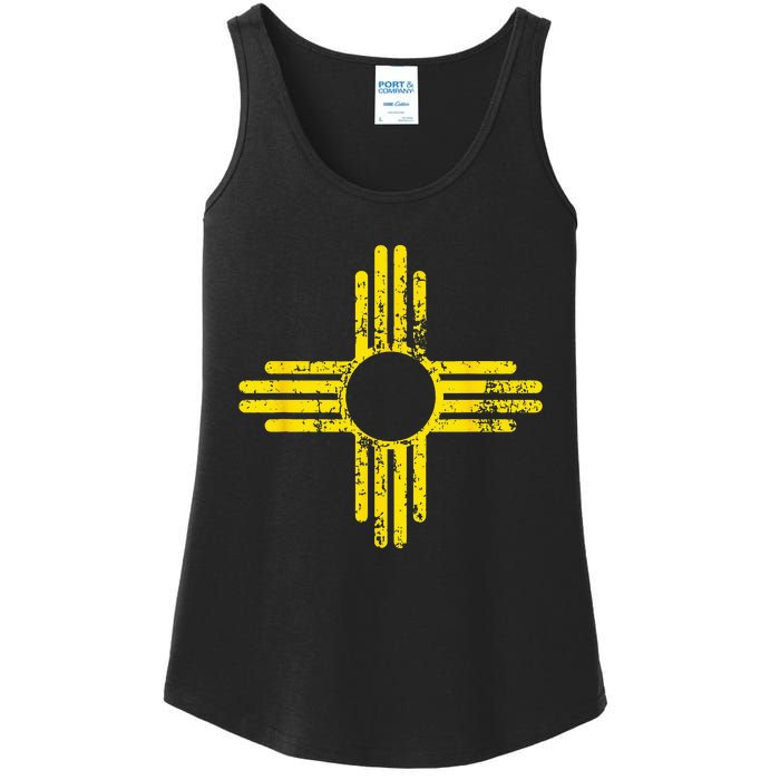 New Mexico Flag Distressed Yellow Zia Sun Alone Ladies Essential Tank