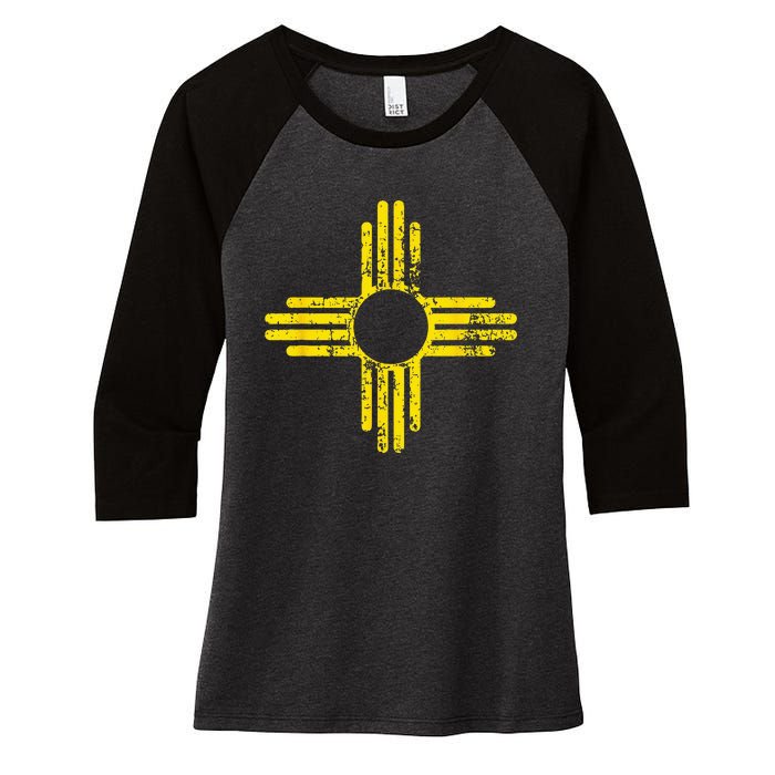 New Mexico Flag Distressed Yellow Zia Sun Alone Women's Tri-Blend 3/4-Sleeve Raglan Shirt