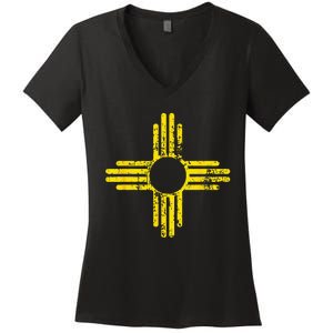 New Mexico Flag Distressed Yellow Zia Sun Alone Women's V-Neck T-Shirt