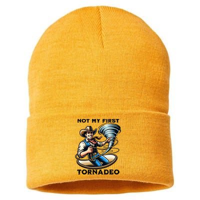 Not My First Tornadeo Funny Tornado Chaser Cowboy And Lasso Sustainable Knit Beanie