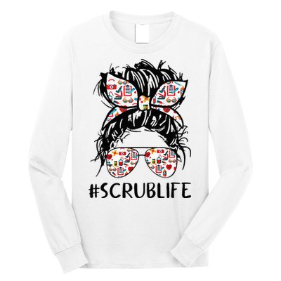 Nursing Messy Hair Woman Bun Stethoscope Scrub Life Nurse Long Sleeve Shirt