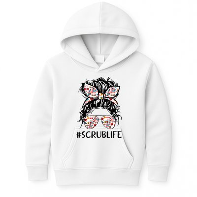Nursing Messy Hair Woman Bun Stethoscope Scrub Life Nurse Kids Hoodie