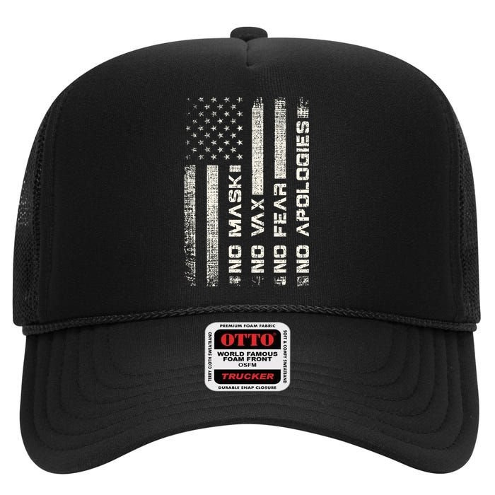 No Mask No Vax Apologies Anti Vaccine Usa Flag High Crown Mesh Back Trucker Hat