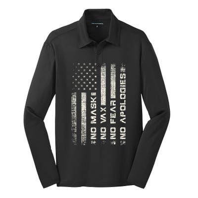 No Mask No Vax Apologies Anti Vaccine Usa Flag Silk Touch Performance Long Sleeve Polo