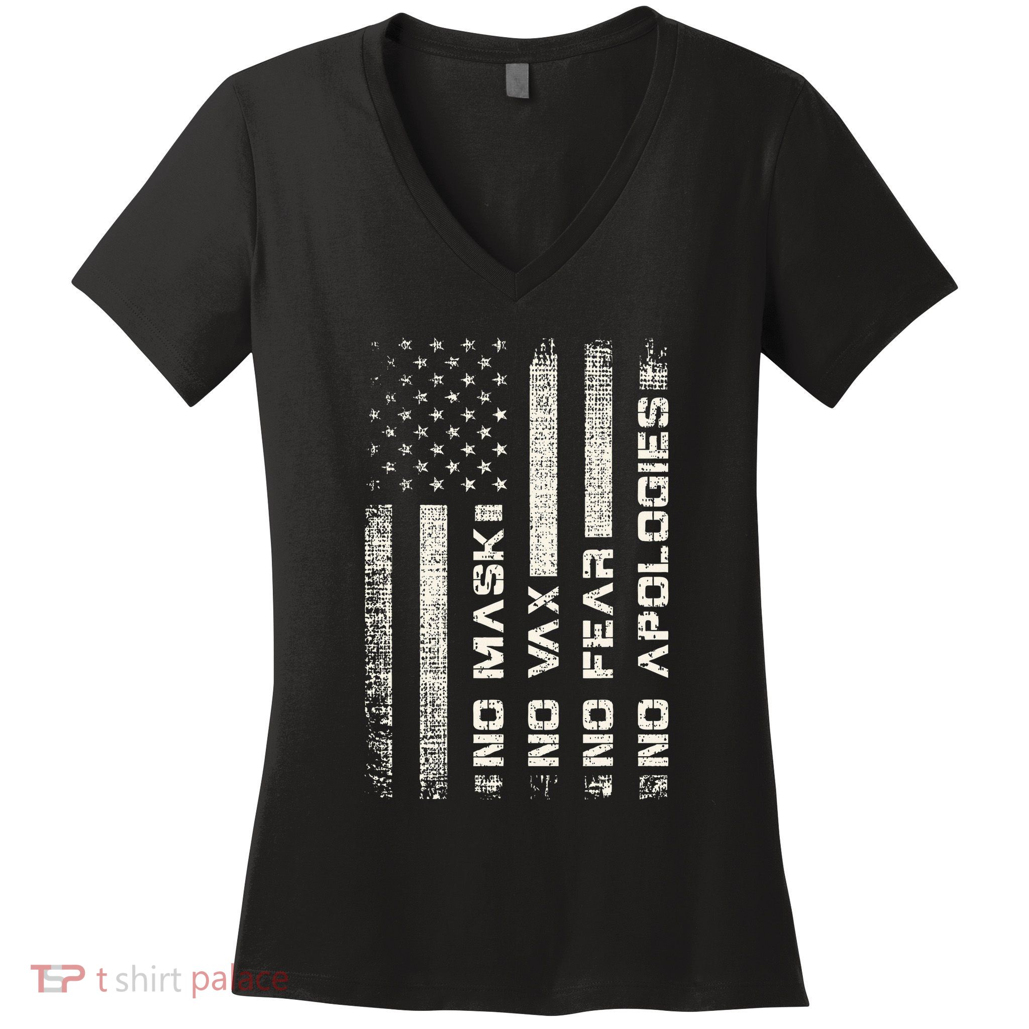 No Mask No Vax Apologies Anti Vaccine Usa Flag Women's V-Neck T-Shirt