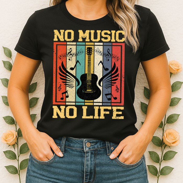 No Music No Life Musical Notes Musician Womens T-Shirt