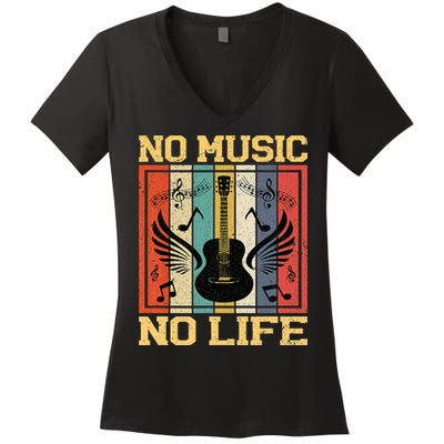 No Music No Life Musical Notes Musician Women's V-Neck T-Shirt