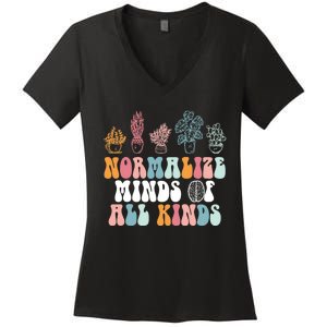 Normalize Minds Of All Kinds Groovy Retro Autism Awareness Women's V-Neck T-Shirt