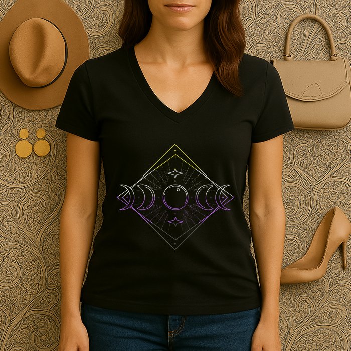 N.O.N.B.I.N..A.R.Y Moon Phase N.O.N.B..I.N.A.R.Y Pride Lgbt Women's V-Neck T-Shirt