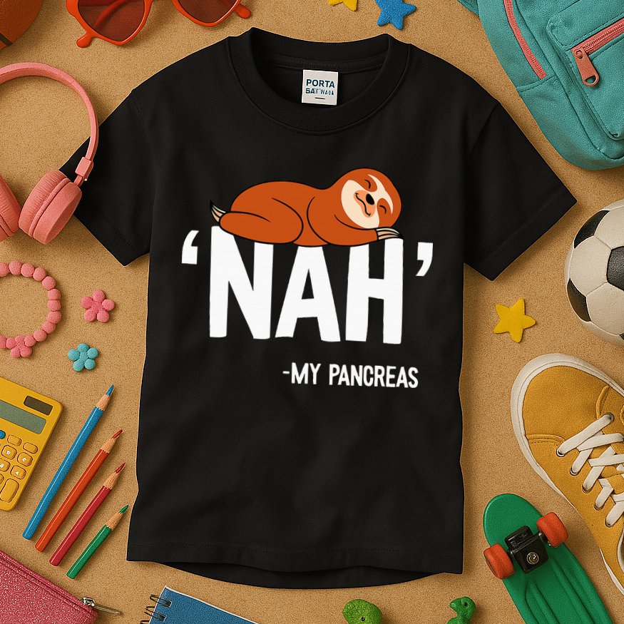Nah My Pancreas Cute Sloth Type 1 T1D Diabetes Funny Gift Kids T-Shirt