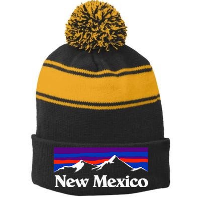 New Mexico State Retro Vintage Outdoors & Nm Mountains Stripe Pom Pom Beanie