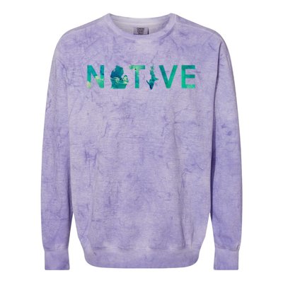 Native Michigander State Map Letter Green Watercolor Art Fan Cute Gift Colorblast Crewneck Sweatshirt