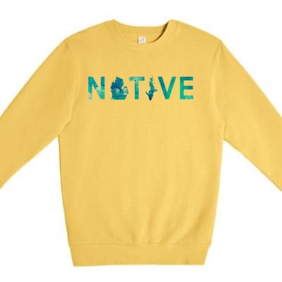 Native Michigander State Map Letter Green Watercolor Art Fan Cute Gift Premium Crewneck Sweatshirt