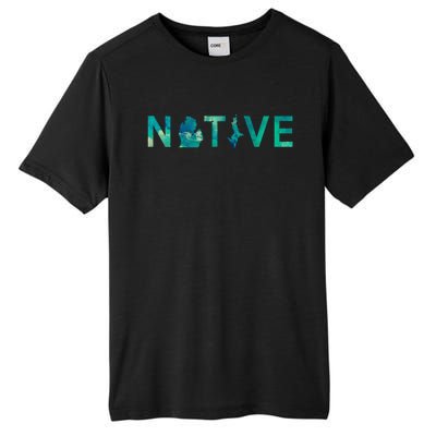 Native Michigander State Map Letter Green Watercolor Art Fan Cute Gift Tall Fusion ChromaSoft Performance T-Shirt