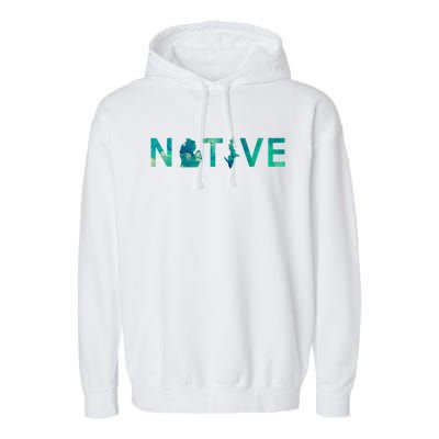 Native Michigander State Map Letter Green Watercolor Art Fan Cute Gift Garment-Dyed Fleece Hoodie