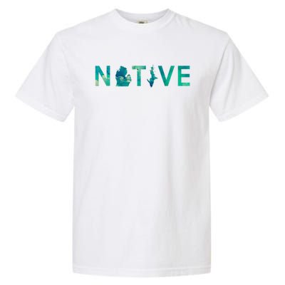 Native Michigander State Map Letter Green Watercolor Art Fan Cute Gift Garment-Dyed Heavyweight T-Shirt