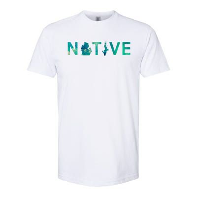 Native Michigander State Map Letter Green Watercolor Art Fan Cute Gift Softstyle CVC T-Shirt