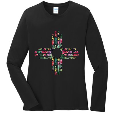 New Mexico State Zia Symbol Floral Print By Mcma Ladies Long Sleeve Shirt