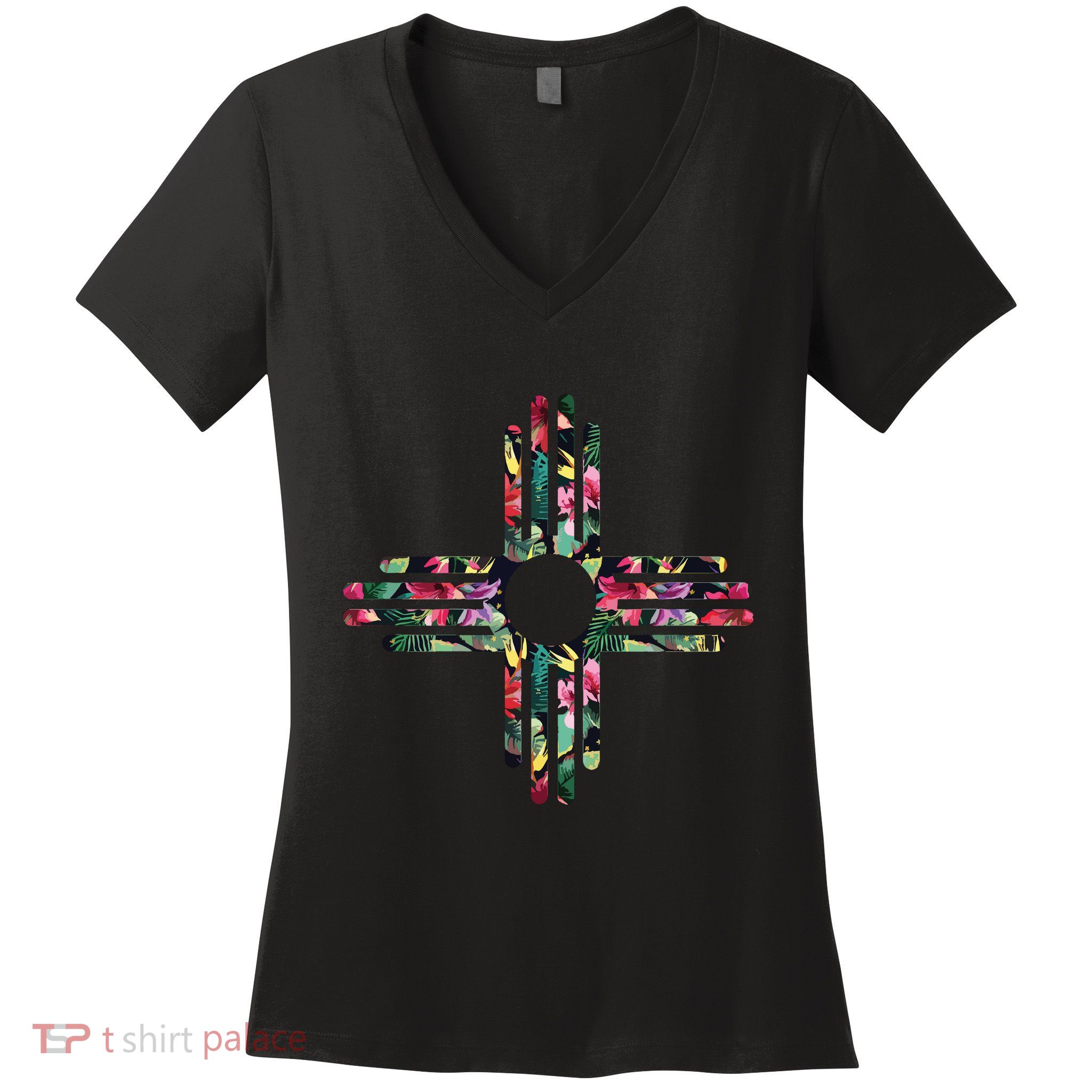 New Mexico State Zia Symbol Floral Print By Mcma Women's V-Neck T-Shirt