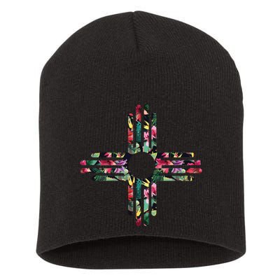 New Mexico State Zia Symbol Floral Print By Mcma Short Acrylic Beanie