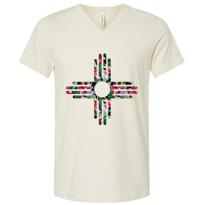 New Mexico State Zia Symbol Floral Print By Mcma V-Neck T-Shirt