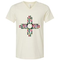 New Mexico State Zia Symbol Floral Print By Mcma V-Neck T-Shirt