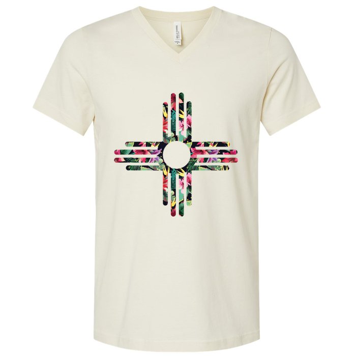 New Mexico State Zia Symbol Floral Print By Mcma V-Neck T-Shirt