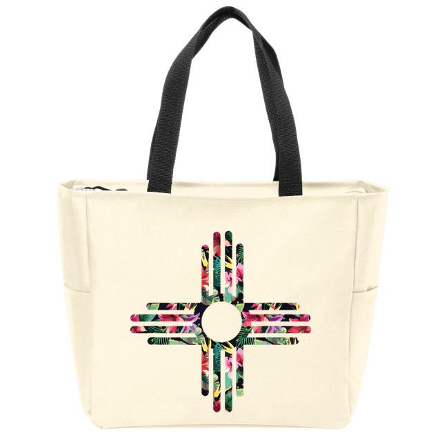 New Mexico State Zia Symbol Floral Print By Mcma Zip Tote Bag