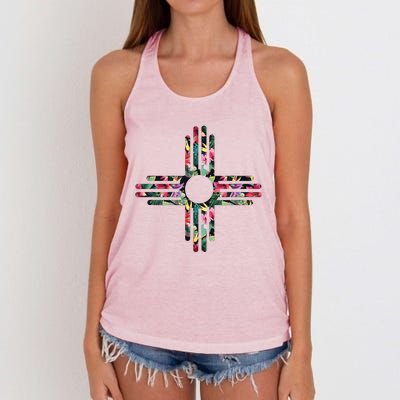 New Mexico State Zia Symbol Floral Print By Mcma Women's Knotted Racerback Tank