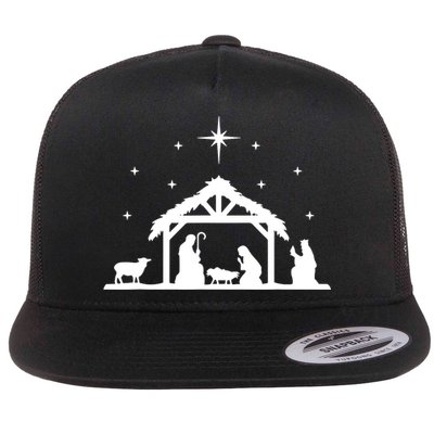 Nativity Manger Scene Baby Jesus Birth Of Christ Christmas Flat Bill Trucker Hat