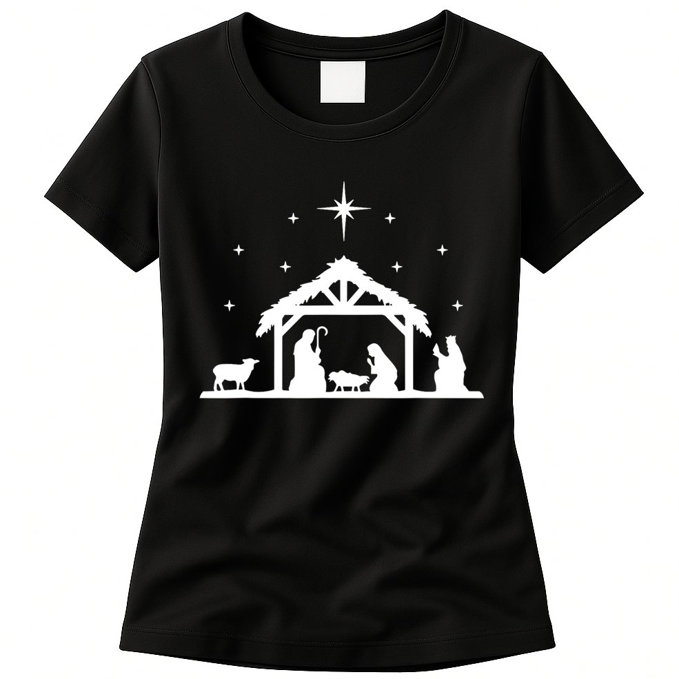 Nativity Manger Scene Baby Jesus Birth Of Christ Christmas Womens T-Shirt