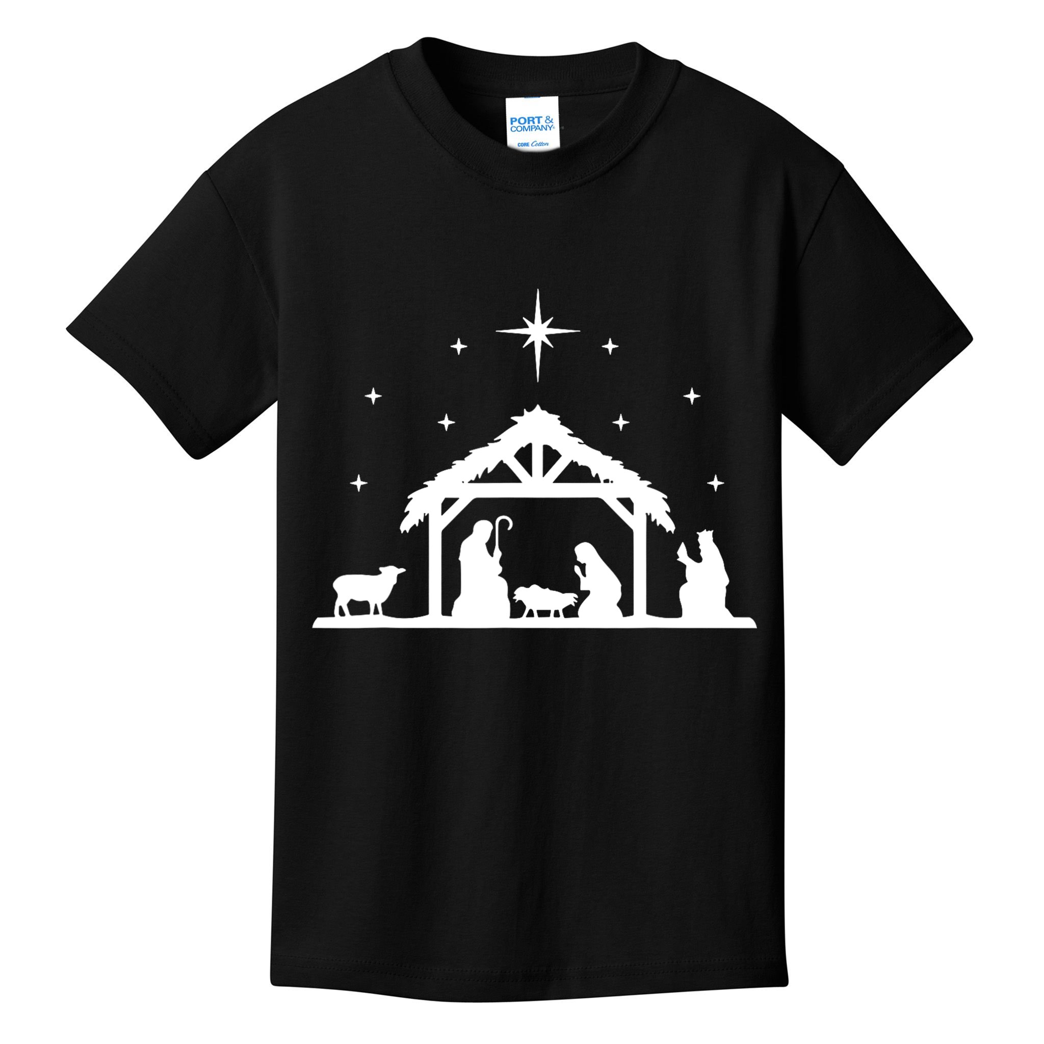 Nativity Manger Scene Baby Jesus Birth Of Christ Christmas Kids T-Shirt