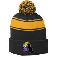 Nonbinary Moon Space Cat LGBT Pride With NB Non Binary Flag Stripe Pom Pom Beanie