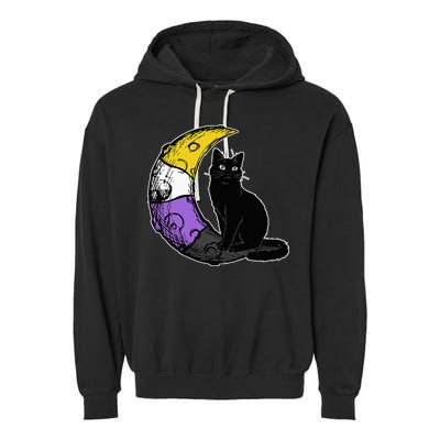 Nonbinary Moon Space Cat LGBT Pride With NB Non Binary Flag Garment-Dyed Fleece Hoodie