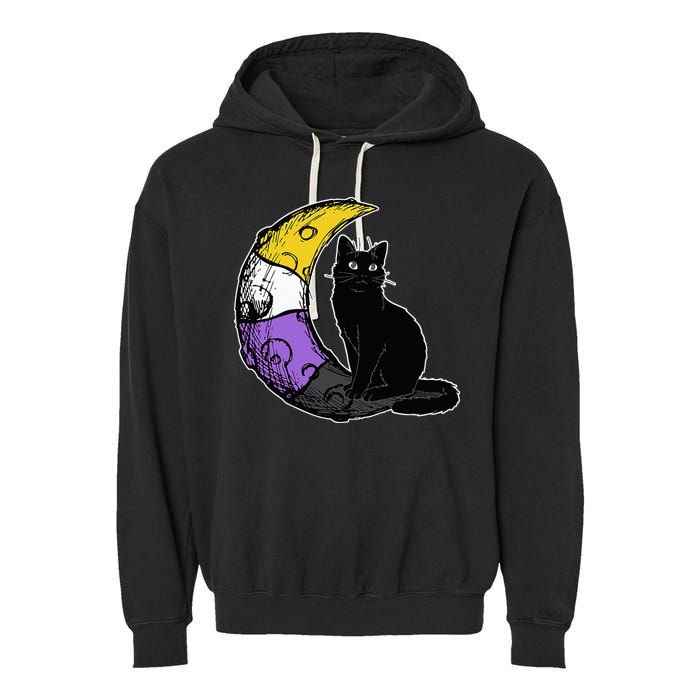 Nonbinary Moon Space Cat LGBT Pride With NB Non Binary Flag Garment-Dyed Fleece Hoodie