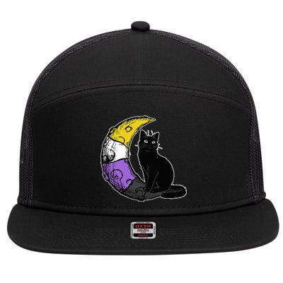 Nonbinary Moon Space Cat LGBT Pride With NB Non Binary Flag 7 Panel Mesh Trucker Snapback Hat