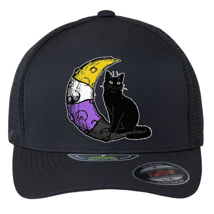 Nonbinary Moon Space Cat LGBT Pride With NB Non Binary Flag Flexfit Unipanel Trucker Cap