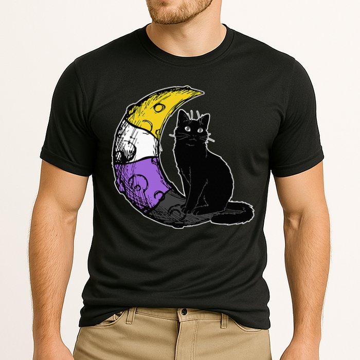 Nonbinary Moon Space Cat LGBT Pride With NB Non Binary Flag Performance Shirt