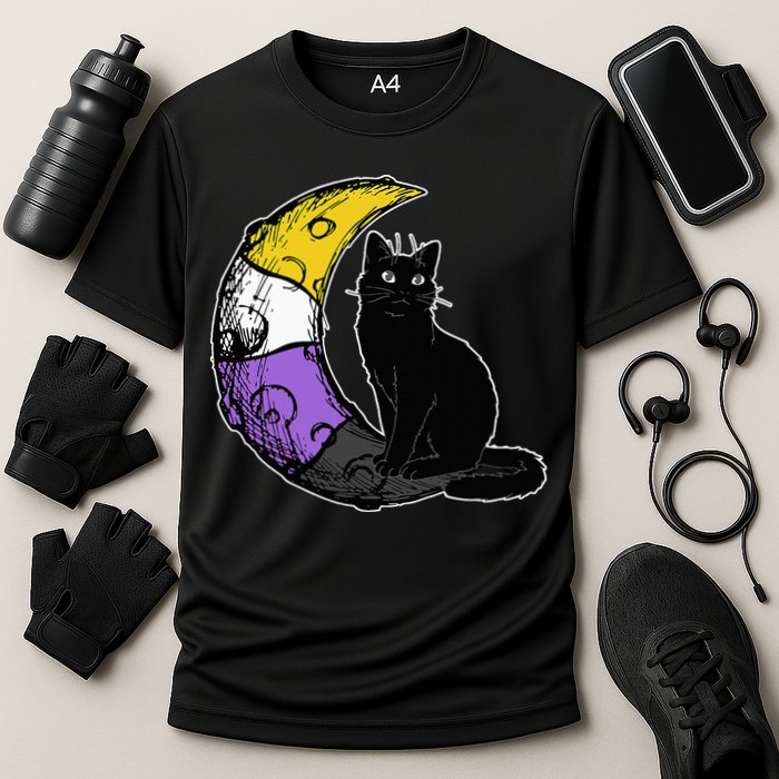 Nonbinary Moon Space Cat LGBT Pride With NB Non Binary Flag Performance Shirt