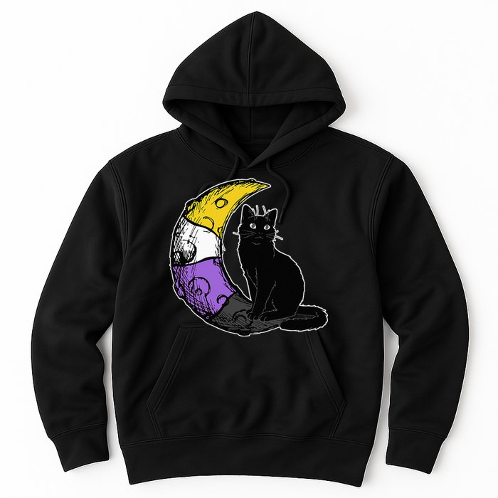 Nonbinary Moon Space Cat LGBT Pride With NB Non Binary Flag Hoodie