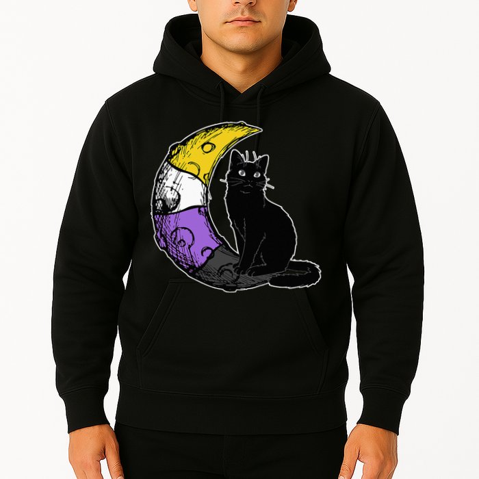 Nonbinary Moon Space Cat LGBT Pride With NB Non Binary Flag Hoodie