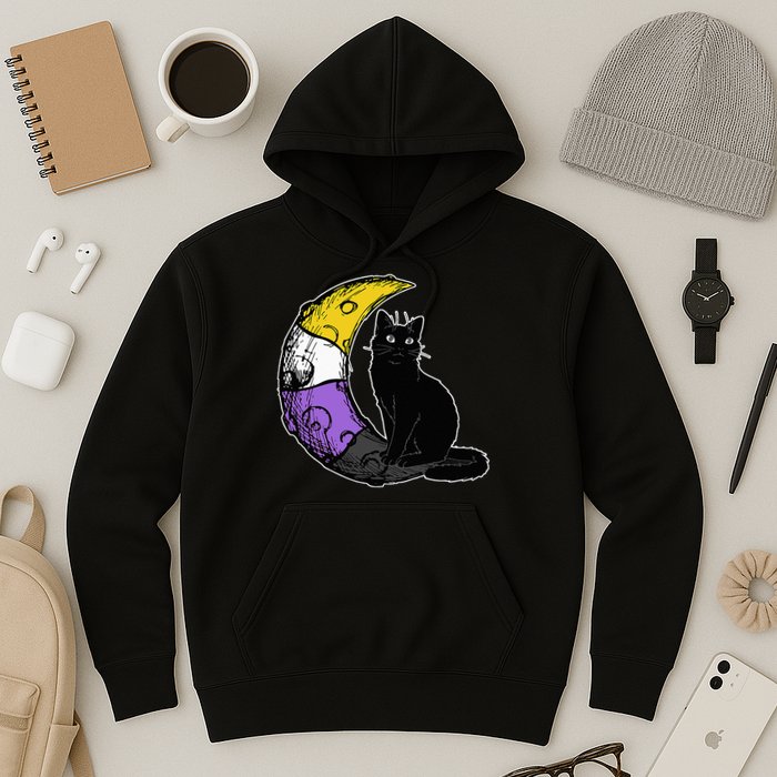 Nonbinary Moon Space Cat LGBT Pride With NB Non Binary Flag Hoodie